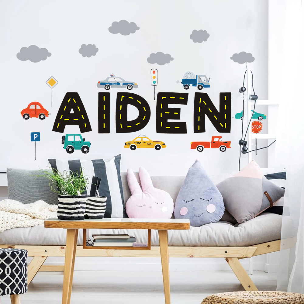 Baby Nursery Wall Mural - Custom Name Construction Vehicles Truck Wall