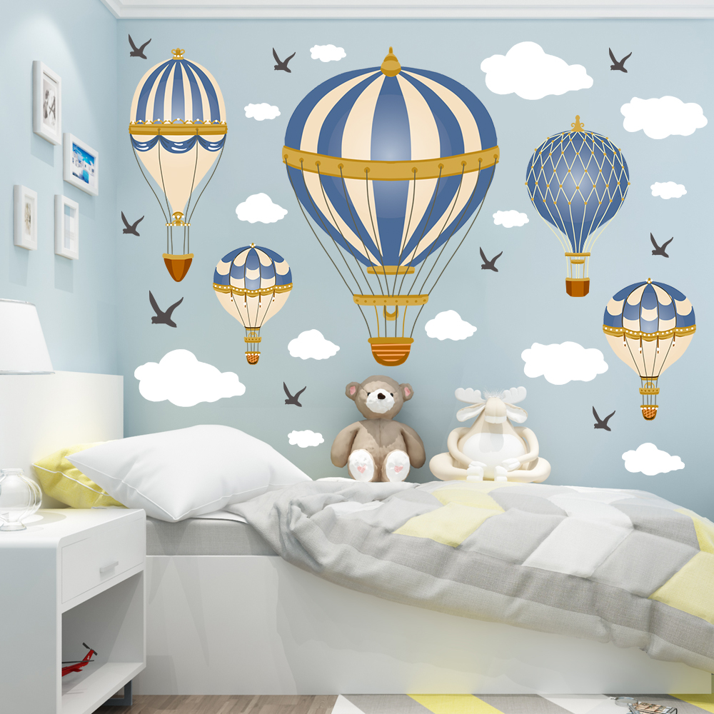Baby Nursery Wall Mural - Cartoon Hot Air Balloon Clouds Seagull