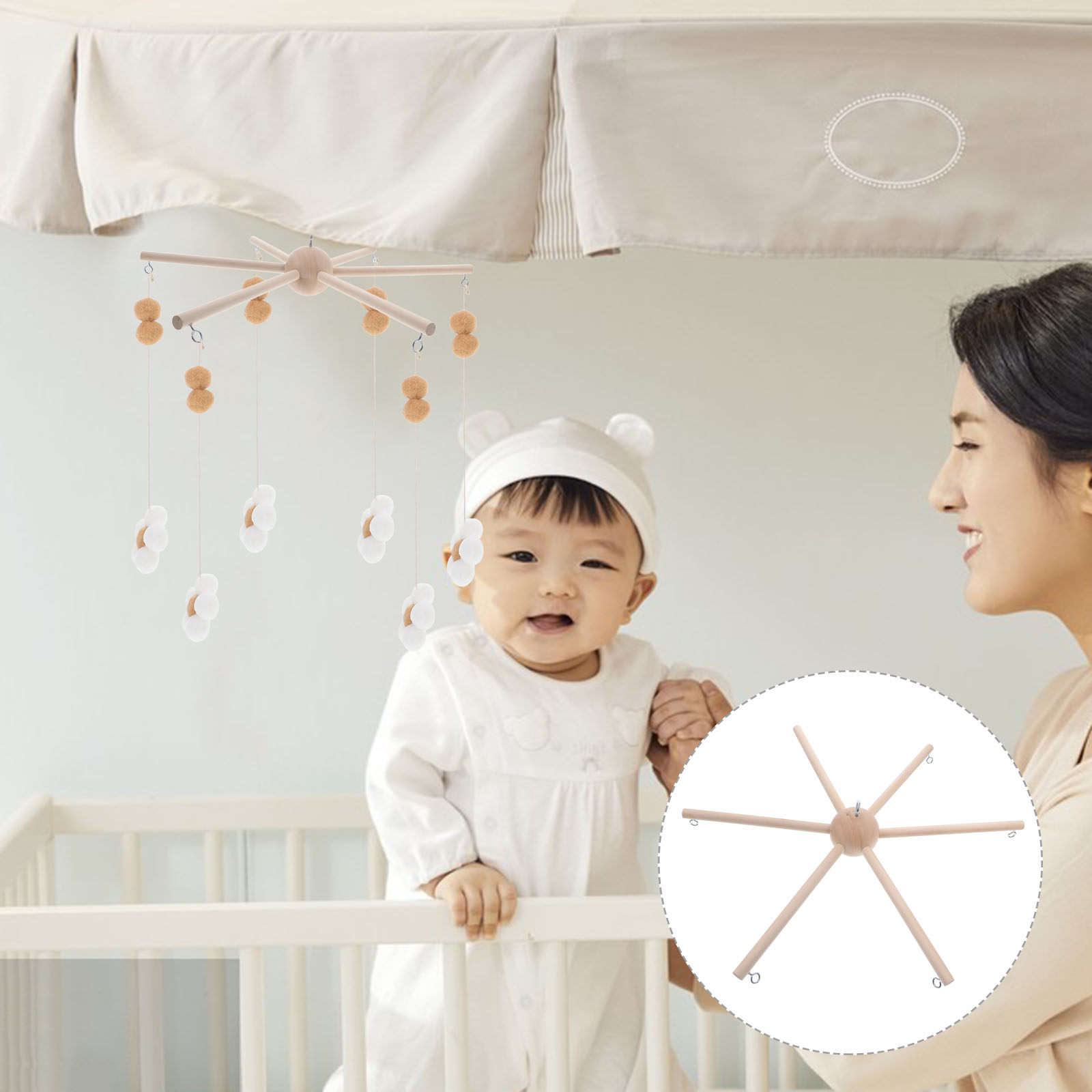 Baby Nursery Kit - 1Set Wooden Mobile Frame Natural Wood
