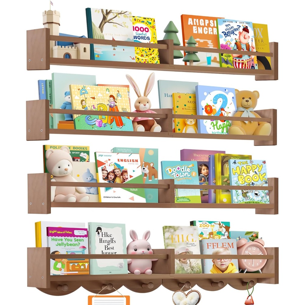 Baby Nursery Hooks - 34-Inch Wall-Mounted Nursery Bookshelf with 6
