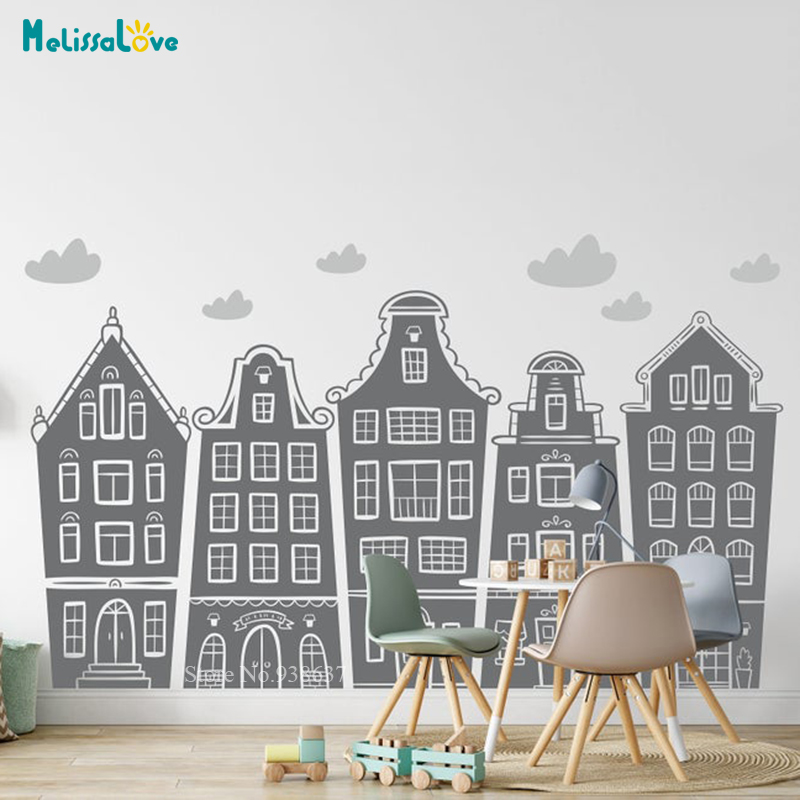 Baby Nursery Needs - Scandinavian Houses & Clouds Decal Nursery