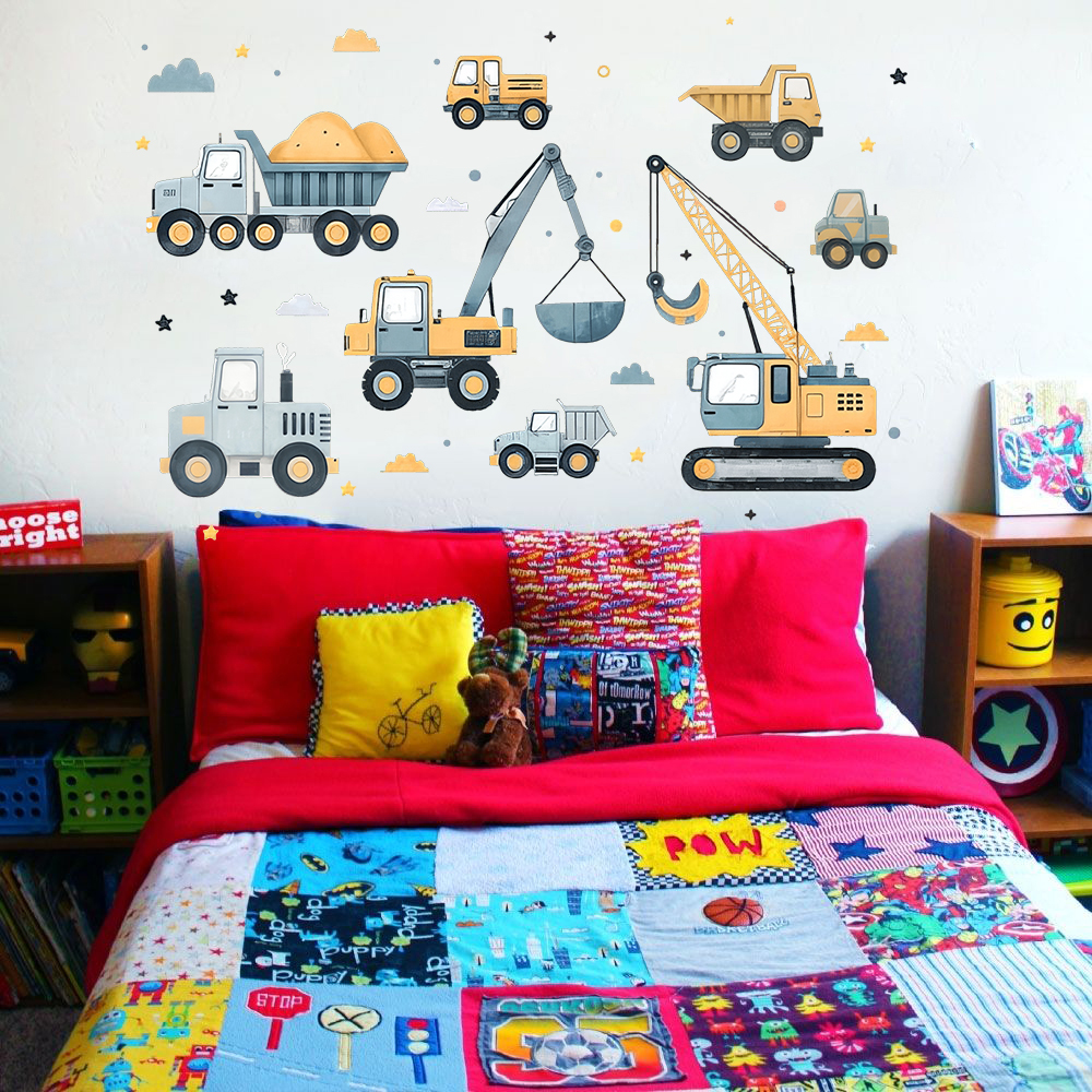 Cartoon Excavator Vehicles Set - Baby Nursery Wall Mural 리뷰 및 가격