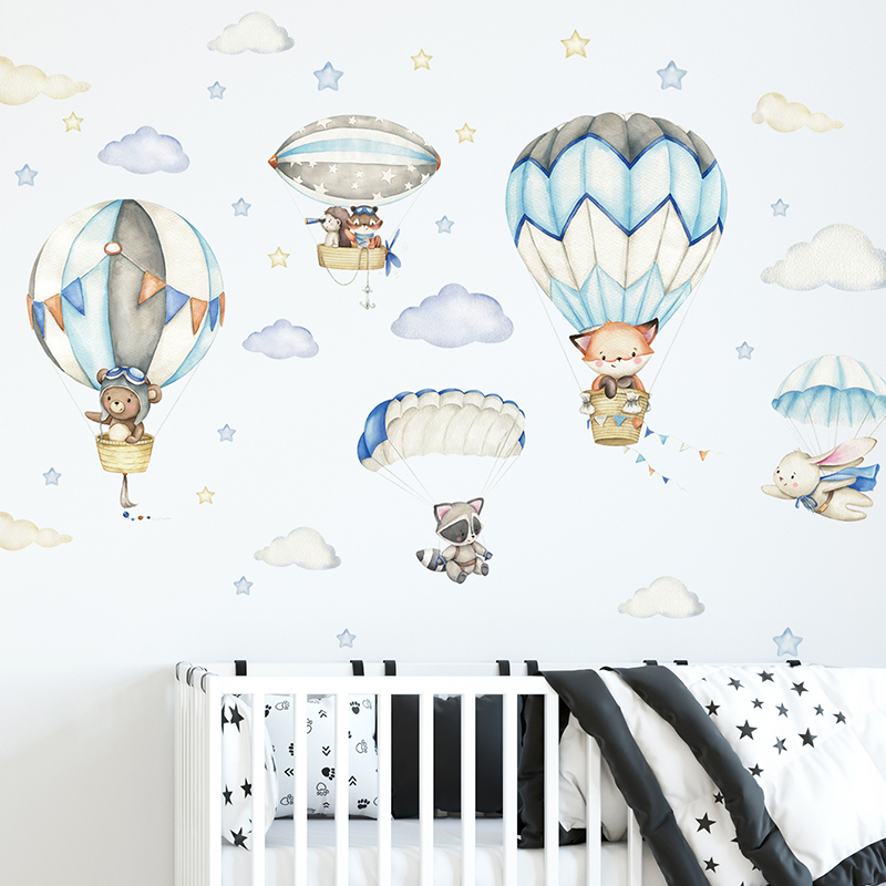 Cartoon Cute Animals Hot Air B - Baby Nursery Wall Mural 리뷰 및 가격