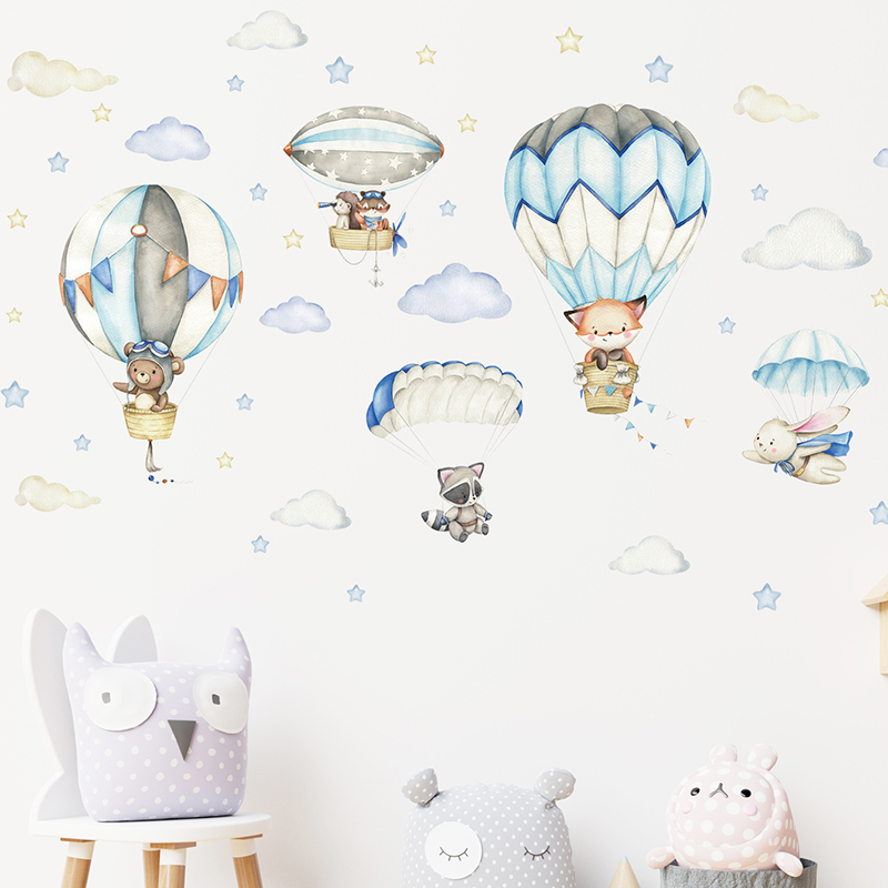 Cartoon Cute Animals Hot Air B - Baby Nursery Wall Mural 리뷰 및 가격