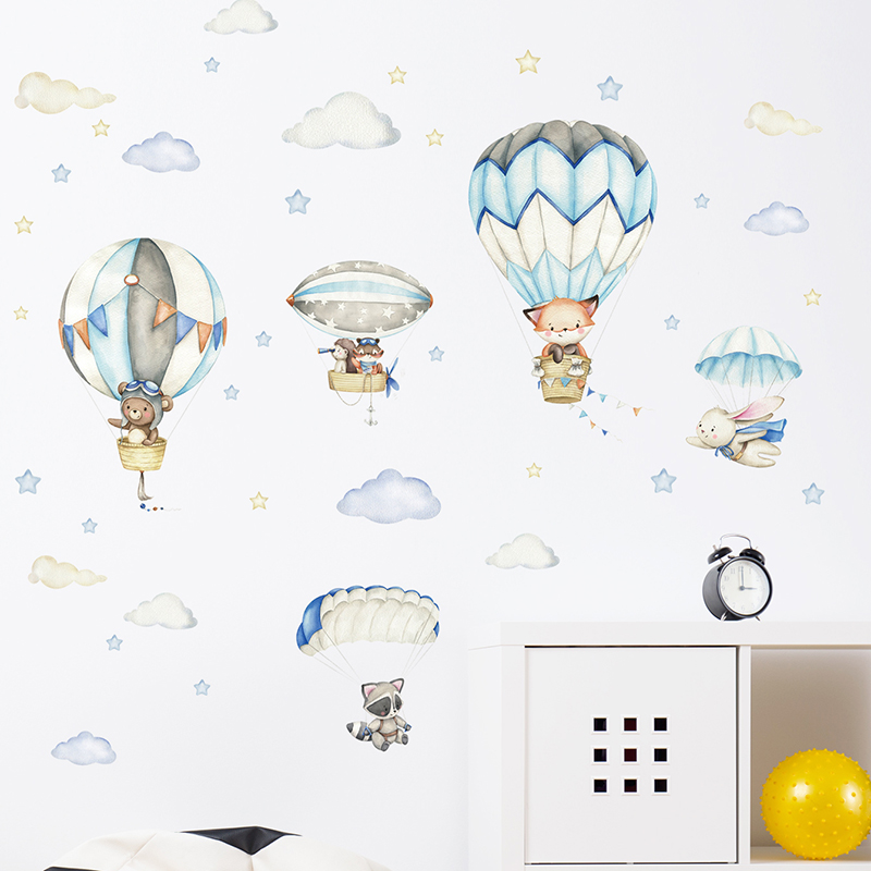 Cartoon Cute Animals Hot Air B - Baby Nursery Wall Mural 리뷰 및 가격