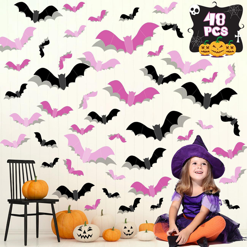 24/48Pcs Halloween Pink Bats W - Baby Nursery Wall Mural 리뷰 및 가격