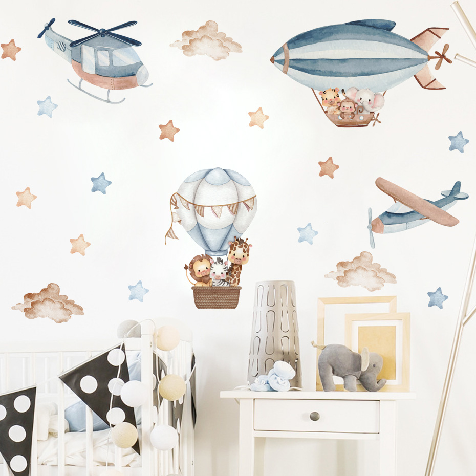 Watercolor Animals Hot Air Bal - Baby Nursery Wall Mural 리뷰 및 가격